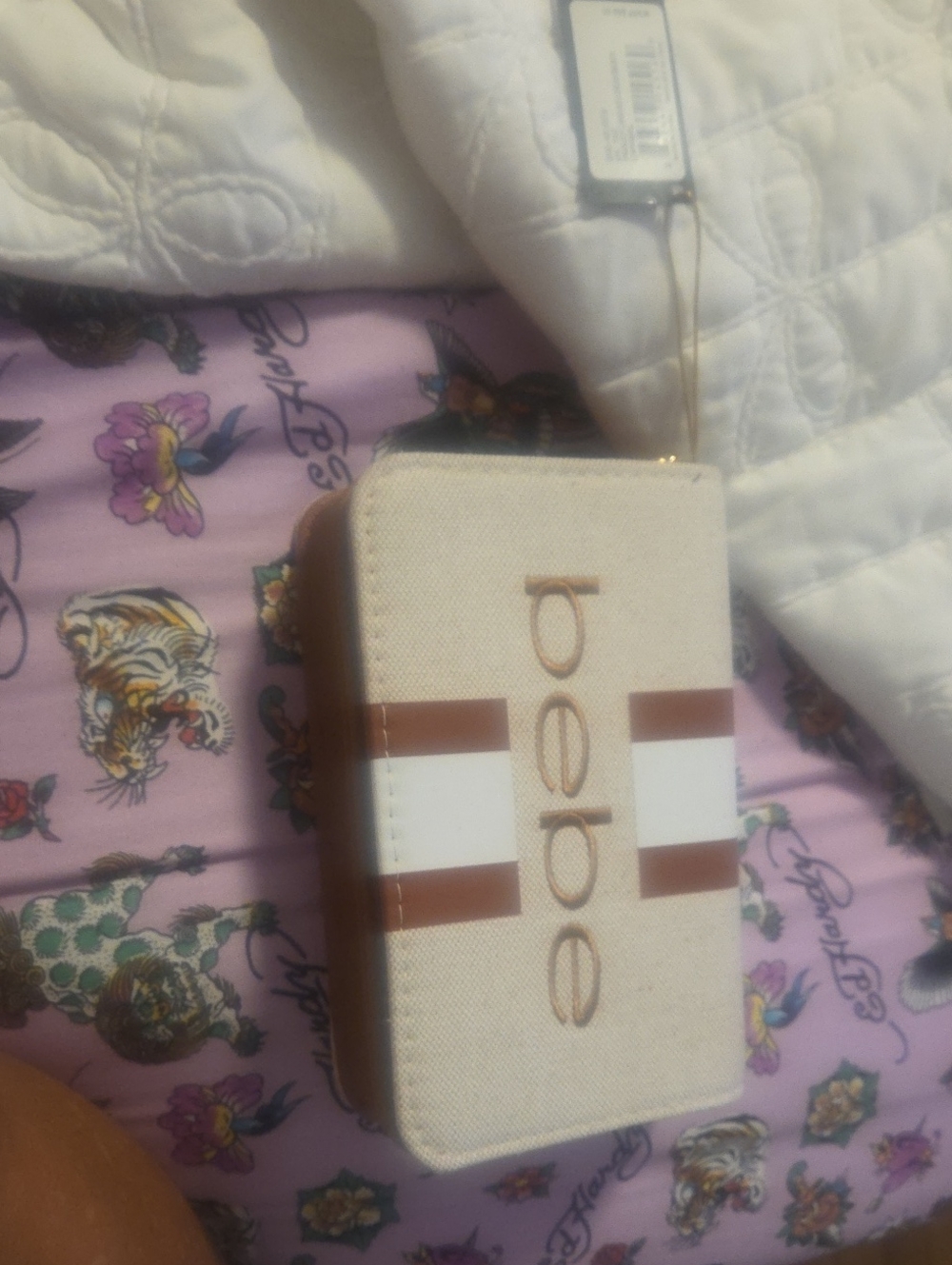 bebe Beige and Brown Canvas Wristlet Wallet